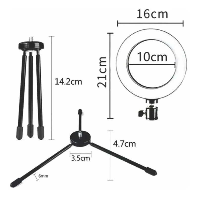 Ring Light LED de Mesa com Tripé Pequeno - 16cm (6 Polegadas) - Iluminação para Vídeos e Fotos