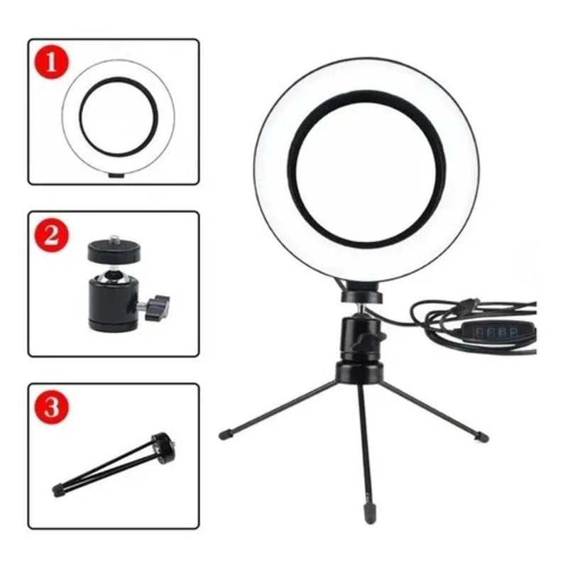 Ring Light LED de Mesa com Tripé Pequeno - 16cm (6 Polegadas) - Iluminação para Vídeos e Fotos