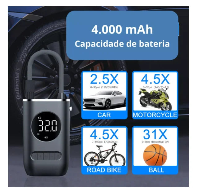 Bomba De Ar Compressor Portátil, Calibrador Digital e Lanterna