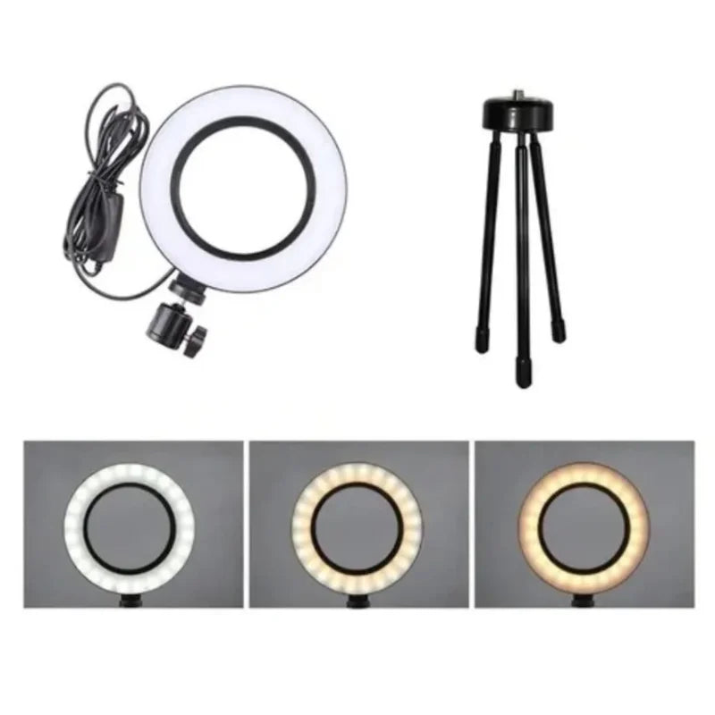 Ring Light LED de Mesa com Tripé Pequeno - 16cm (6 Polegadas) - Iluminação para Vídeos e Fotos