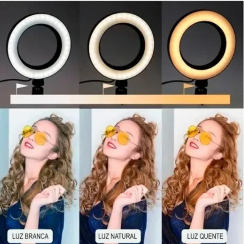 Ring Light LED de Mesa com Tripé Pequeno - 16cm (6 Polegadas) - Iluminação para Vídeos e Fotos